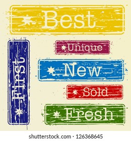 Stamps with words: best, first, unique, new, sold and fresh