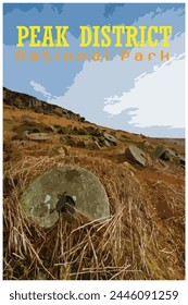Stanage Edge millstones, Derbyshire nostalgic retro travel poster concept of the Peak District National Park, England, UK in the style of Work Projects Administration.
