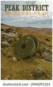 Stanage Edge millstones, Derbyshire nostalgic retro travel poster concept of the Peak District National Park, England, UK in the style of Work Projects Administration.