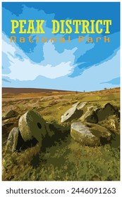 Stanage Edge millstones, Derbyshire nostalgic retro travel poster concept of the Peak District National Park, England, UK in the style of Work Projects Administration.