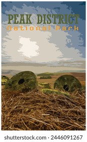 Stanage Edge millstones, Derbyshire nostalgic retro travel poster concept of the Peak District National Park, England, UK in the style of Work Projects Administration.