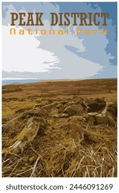 Stanage Edge millstones, Derbyshire nostalgic retro travel poster concept of the Peak District National Park, England, UK in the style of Work Projects Administration.