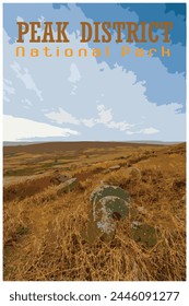 Stanage Edge millstones, Derbyshire nostalgic retro travel poster concept of the Peak District National Park, England, UK in the style of Work Projects Administration.