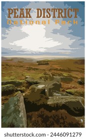 Stanage Edge millstones, Derbyshire nostalgic retro travel poster concept of the Peak District National Park, England, UK in the style of Work Projects Administration.