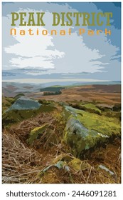 Stanage Edge millstones, Derbyshire nostalgic retro travel poster concept of the Peak District National Park, England, UK in the style of Work Projects Administration.