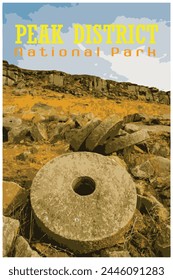 Stanage Edge millstones, Derbyshire nostalgic retro travel poster concept of the Peak District National Park, England, UK in the style of Work Projects Administration.