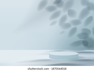 Stand 3d abstract minimal scene with leaf geometric platform. Background vector rendering with podium. Cylinder to show cosmetic products. Stand showcase on pedestal modern 3d studio blue pastel