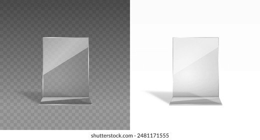 Stand or acrylic table tent, card holder isolated on transparent and white backgrounds. Vector empty flyer glass display. Plastic frame of photo, paper sheet mock up or restaurant menu