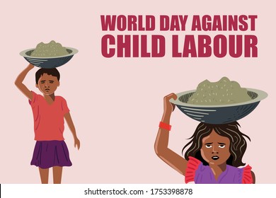 Stand against the Child Labour, World against no child labour day, India child labour, stop child labour, Asian Girl children working on construction sites. 