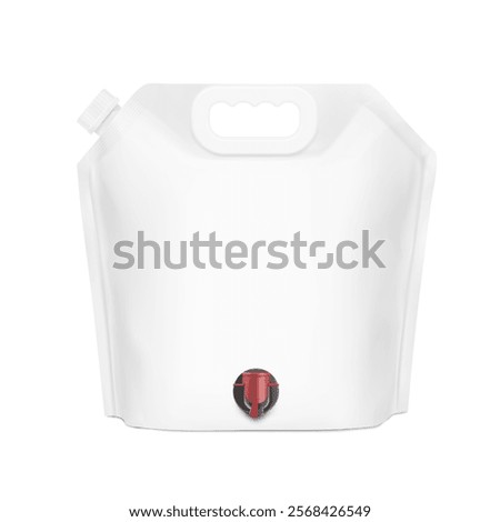 Stand up bag with butterfly tap, plastic handle for juice or wine. Vector illustration isolated on white background. Easy to use for presentation your product, idea, promo, design. EPS10.