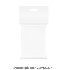 Stand bag with a cardboard label. Vector illustration isolated on white background. Ready for your design. Suite for the presentation of diaper, wet wipes, foods, household, etc. EPS10.	