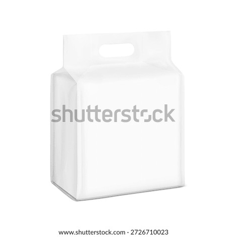 Stand bag with handle mockup. Vector illustration isolated on white background. Front and side view. Suite for the presentation of diaper, wet wipes, foods, household, etc. EPS10.	