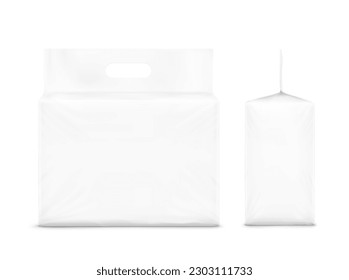 Stand bag with handle mockups. Vector illustration isolated on white background. Ready for your design. Suite for the presentation of diaper, pants, wet wipes, foods, household, etc. EPS10.	