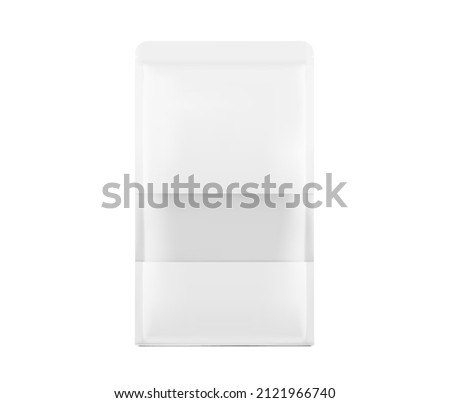 Stand bag with transparent window mockup on white background. With the transparent window and screen mode overlay, it's easy to make a realistic mockup of your product. Vector illustration. EPS10.	