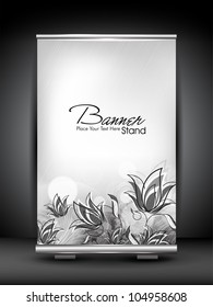 Stand banner with roll up display for product promotion or template design with floral concept. EPS 10, editable vector illustration.