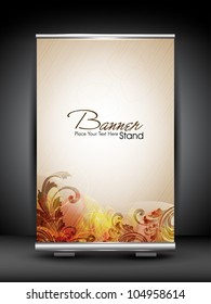 Stand banner with roll up display for product promotion or template design with colorful floral concept. EPS 10, editable vector illustration.