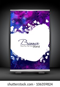Stand banner with roll up display for product promotion or template design with shiny heart shape. EPS 10