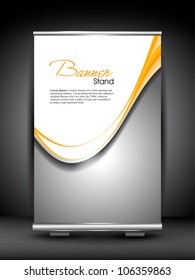 Stand banner with roll up display for product promotion or template design with shiny grey wave pattern. EPS 10