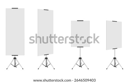stand banner with tripod for mockup set. vector illustration isolated on white background.
