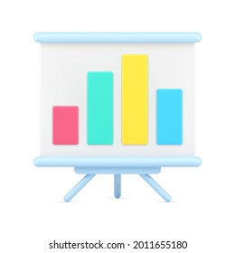 Stand with bar graphs 3d icon. Colored infographic pillars with indicators of rise and fall of profit. Analysis business investments and statistical market fluctuations. Realistic isolated vector