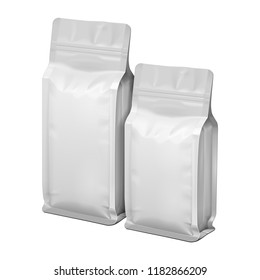 Stand Up Blank Bag For Coffee, Candy, Nuts, Spices, Self-Seal Zip Lock Foil Or Paper Food Pouch Snack Sachet Resealable Packaging. Illustration Isolated On White Background. Mock Up, Mockup Template.