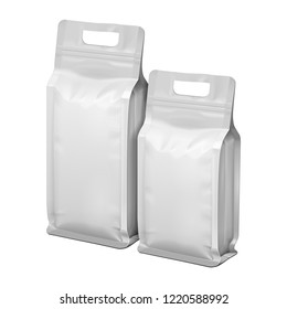 Stand Up Blank Bag For Coffee, Candy, Nuts, Spices, Self-Seal Zip Lock Foil Or Paper Food Pouch Snack Sachet Resealable Packaging. Illustration Isolated On White Background. Mock Up, Mockup Template.
