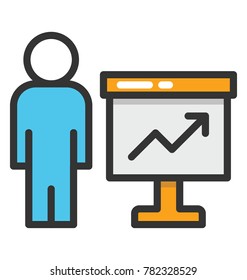 A stand board presenting growth graph, person standing next to it symbolising graphic presentation