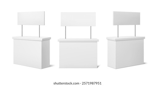 Stand booth or display kiosk with table counter for promo advertising, vector mockup 3D. Stand booth mock up or trade desk and rack stall with banner for shop or store product and retail counter kiosk