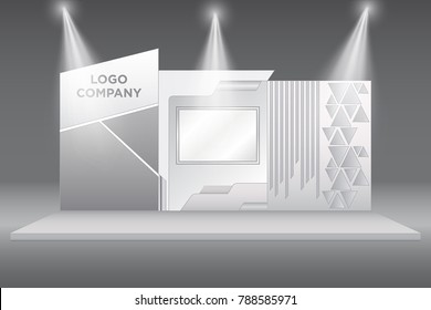 stand booth exhibition backdrop with screen and spotlight. Vector editable.