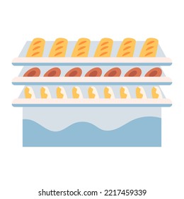 Stand with bread in a supermarket, grocery store or a shop. Shelves with bakery products. Retail showcase. Minimalistic flat hand-drawn illustration