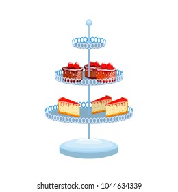 Stand for cake and pastries. Strawberry and chocolate dessert. Isolated objects. Vector illustration

