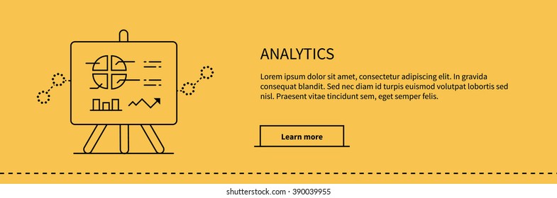 Stand with charts and parameters analytics on yellow. Business concept of analytics. Poster banner thin line black on yellow background. Presentation and analysis, rating and performance indicators.