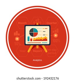 Stand with charts and parameters. Business concept of analytics