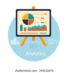 Stand with charts and parameters. Business concept of analytics