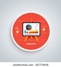 Stand with charts and parameters. Business concept of analytics on round banner. Can be used for web banners, marketing and promotional materials, presentation templates 