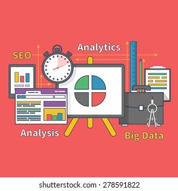 Stand with charts and parameters. Business concept of analyticsr. Analysis big data seo. Can be used for web banners, marketing and promotional materials, presentation templates 