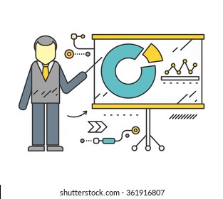 Stand with charts and parameters. Business concept of analytics. Poster banner on white background. Presentation and analysis, rating and performance indicators. Man near stand. Data analysis