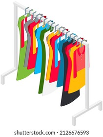 Stand with clothes and costumes. Hanger for home or boutique interior. Colored dresses and shirts on hangers for fitting room. Wardrobe items on stand. Choosing clothes, garments for outfit concept