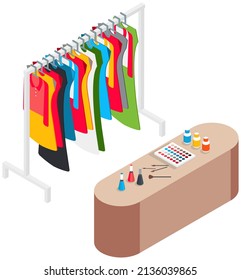 Stand with clothes and costumes. Hanger for home or boutique interior. Colored dresses and shirts on hangers for fitting room. Wardrobe items on stand. Choosing clothes, garments for outfit concept