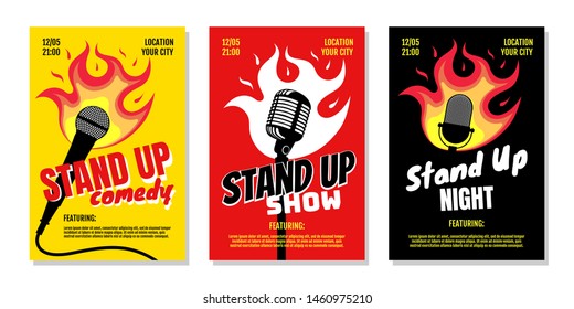 Stand Up Club Comedy Night Live Show A3 A4 Poster Design Templates. Retro Mike With Fire On Yellow Red Black Background. Hot Jokes Roasting Concept Flyer. Vector Open Mic Illustration