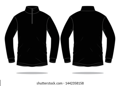 Stand Up Collar Black Long Sleeve T-Shirt With Zipper Neck Vector.Front And Back View.