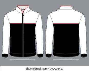 Stand Up Collar Jacket Design With White/Black Colors And Red Piping Lines.Front And Back Views.