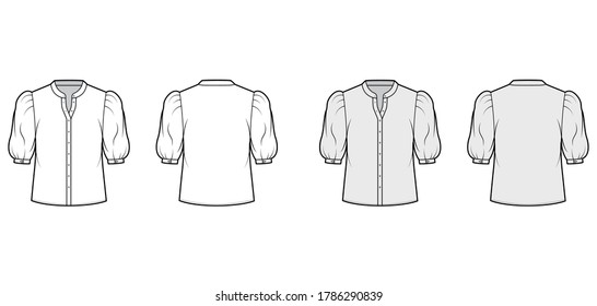 Stand collar shirt technical fashion illustration with elbow puff sleeve, front button-fastening, loose silhouette. Flat apparel blouse template front back white grey color. Women CAD garment mockup for designer