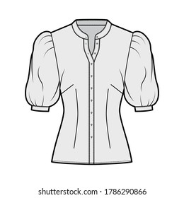 Stand collar shirt technical fashion illustration with elbow puff sleeve, front button-fastening, fitted silhouette. Flat apparel blouse template front, grey color. Women CAD garment mockup for designer