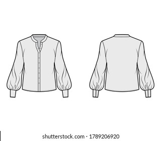 Stand collar shirt technical fashion illustration with long bishop sleeve with cuff, front button-fastening, loose silhouette. Flat blouse apparel template front back grey color. Women, men unisex top