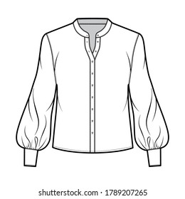 Stand collar shirt technical fashion illustration with long bishop sleeve with cuff, front button-fastening, loose silhouette. Flat blouse apparel template front white color. Women, men unisex top CAD