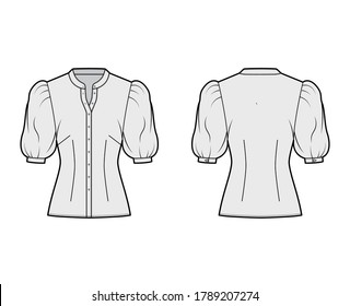 Stand collar shirt technical fashion illustration with elbow puff sleeve, front button-fastening, fitted silhouette. Flat apparel blouse template front back grey color. Women men unisex top CAD mockup