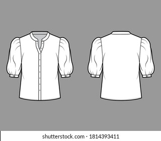 Stand collar shirt technical fashion illustration with elbow puff sleeve, front button-fastening, loose silhouette. Flat apparel blouse template front back white color. Women men unisex top CAD mockup