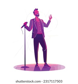 Stand up comedian man performing and laughing on a stage, vector illustration