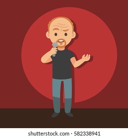 Stand Up Comedian With Microphone On Stage Background, Vector Cartoon Character Illustration.